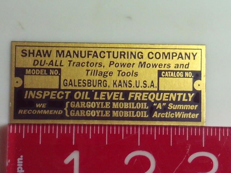 Du-All Tractor Shaw Reproduction name tag Nameplate