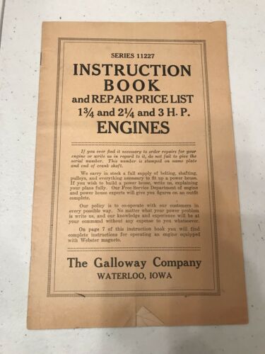 Instruction Book Original Galloway Antique Hit And Miss Gas Engine