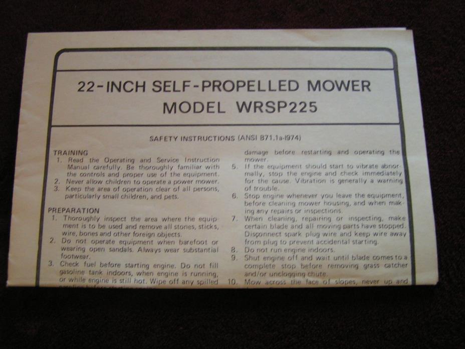 WHEELER 22-INCH SELF-PROPELLED MOWER WRSP225 MANUAL