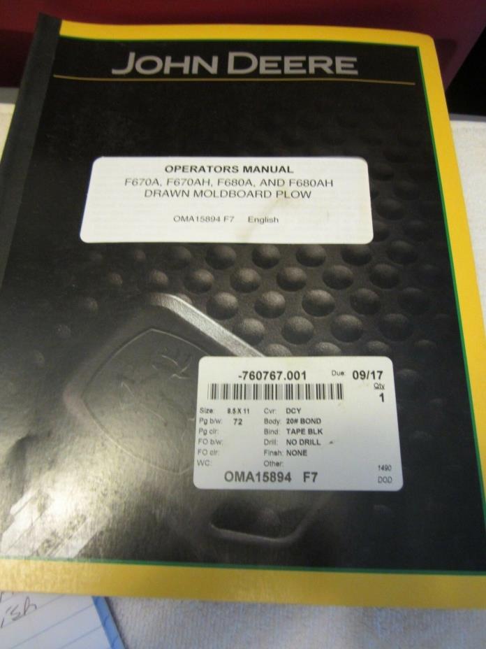 John Deere F670A,F670AH, F680A and F680AH,Drawn Moldboard Plow Manual English