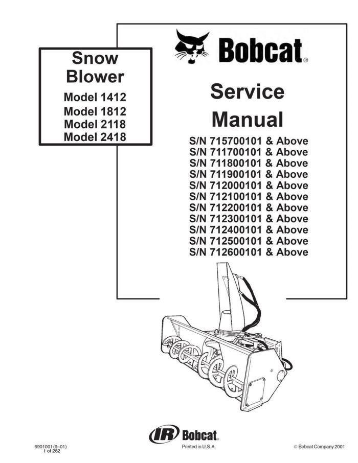 New Bobcat Snow Blower 1412, 1812, 2118, 2418 Repair Service Manual 6901001