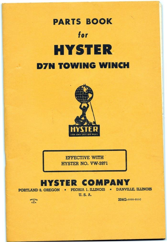 HYSTER D7N Towing Winch Owner Operator Parts Book