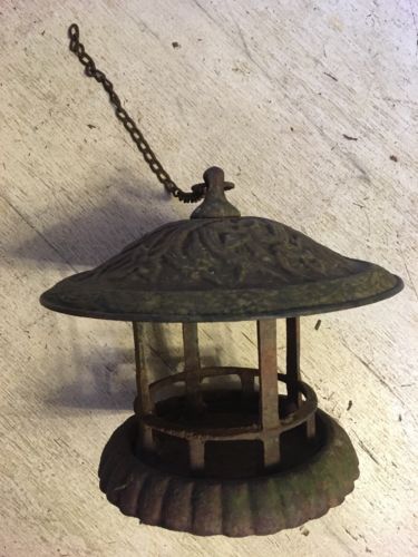 Vintage Cast Iron Bird FEEDER Hanging chain Architecural Rustic Beautifully aged