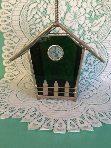 Stained Glass Birdhouse Slate Blue Emerald Green Picket Fence Tea Light Candle
