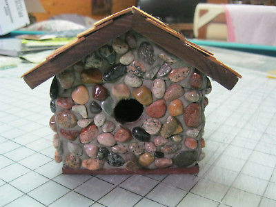 Handcrafted birdhouse - small lake stones cobble and shaker shingle roof 8.5 x 5