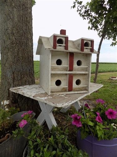 Folk Art Bird House 2 Inch Hole House Finch Red Headed Woodpecker Vintage