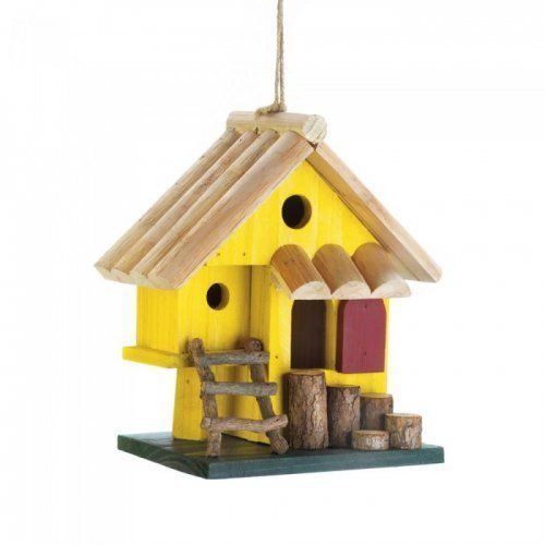 Yellow Tree Fort Birdhouse Features Two Openings Bright Garden Collectible Nice
