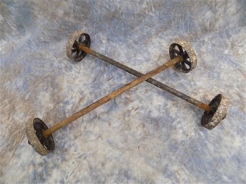 4 Factory Cart Wheels & 2 Axles Cast Iron Vintage Lineberry Industrial Wheel a11