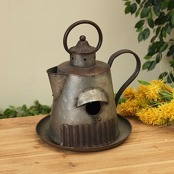 New 11.6''H Antique Metal Hanging Teapot Birdhouse Feeder Ledge