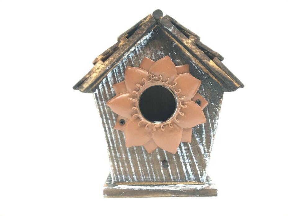 Farmhouse Rustic Style Hanging Birdhouse Decorative Wood & Metal Brown Flower