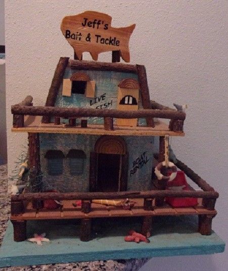BIRDHOUSE: Jeff's Bait & Tackle ~ Gone Fishing Wood Cabin Bird House