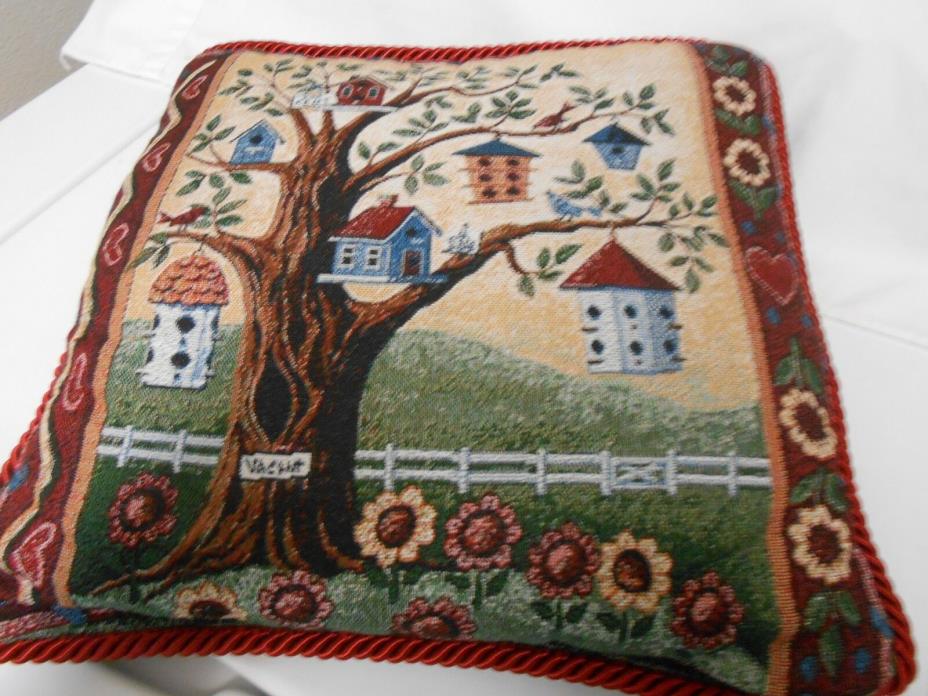 BEAUTIFUL! Tapestry CLUBHOUSE BIRD HOUSE Watching Garden Decor Pillow Nice!!