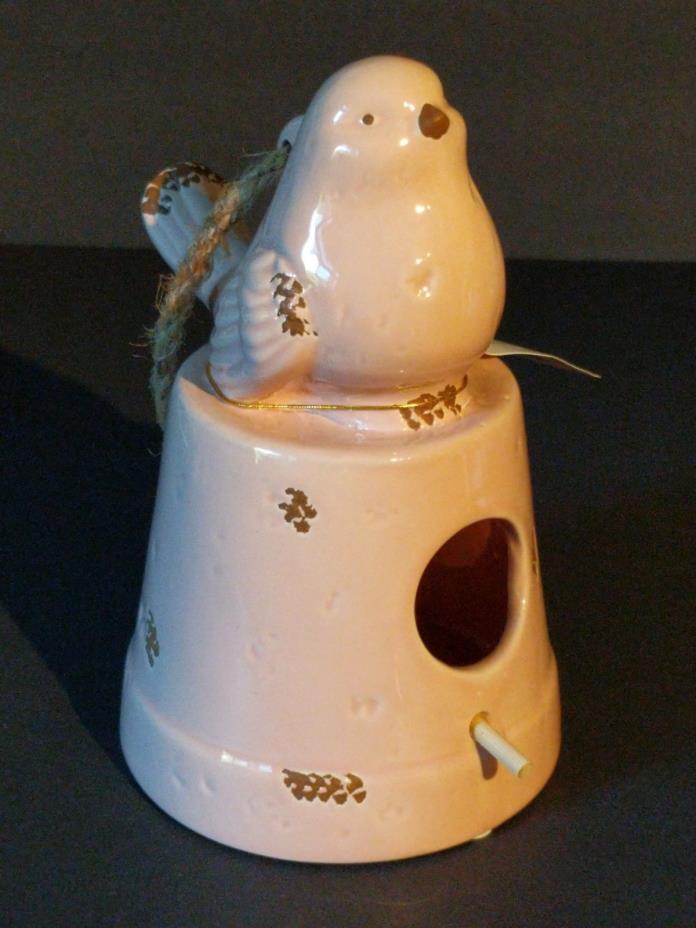 NWT Pink Ceramic Hanging Birdhouse-Glazed Bird atop Upside Down Pot by Transpac