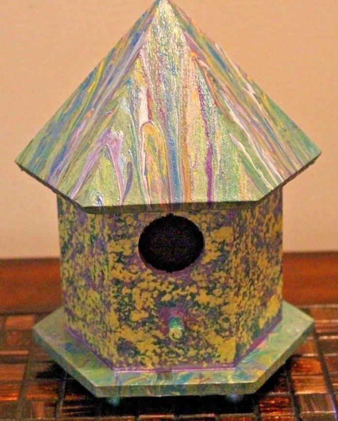 NEW BIRD HOUSE ACRYLIC POUR GLAZED HAND PAINTED 7 X 9 X 7