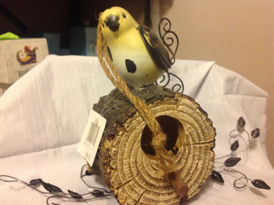 Bird House:  Small hanging Bird House Resin/Metal,  Grass Twine Rope Log