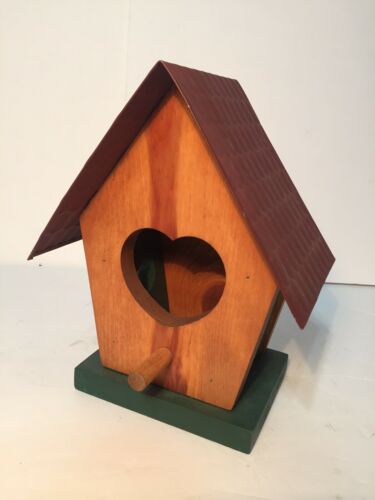 Wood Bird House With Metal Roof  9” Tall X 7” Wide - Heart Shaped Openings