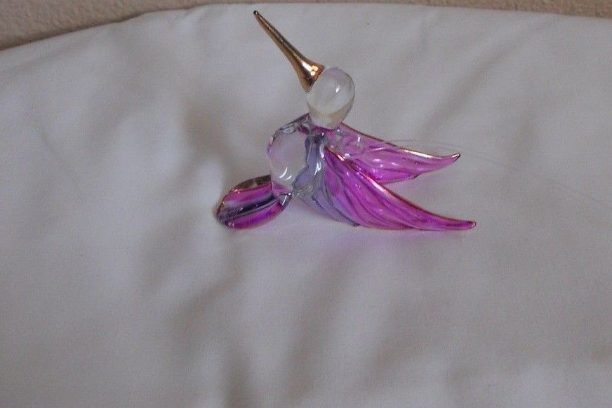 Hummingbird Hanging Suncatcher Hand Blown Glass Clear With Pink And Gold 3