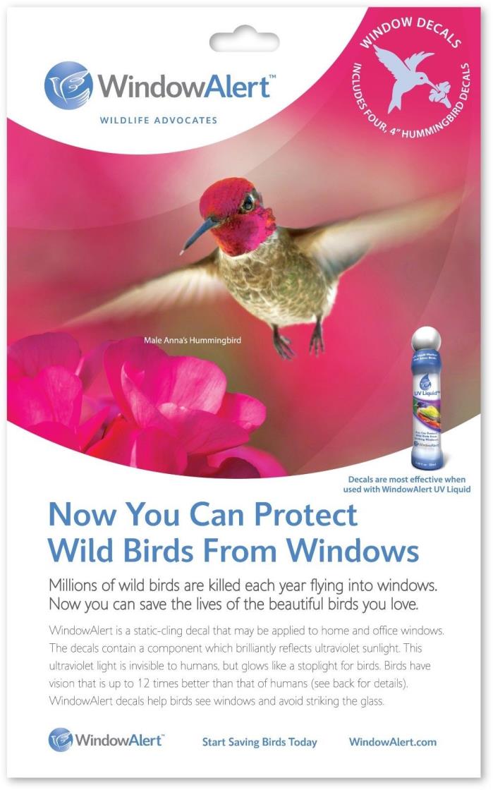 Protect birds from striking windows by using WindowAlert hummingbird decals.
