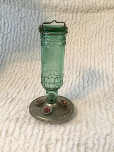 Glass Bottle Hummingbird Bird Feeder Antique Green Vintage Nectar Hanging Perch