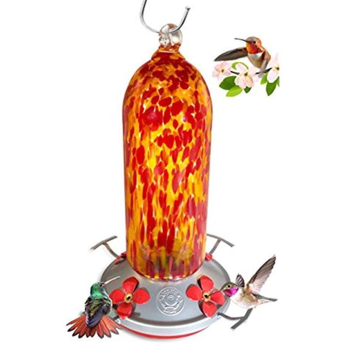Grateful Gnome Hummingbird Feeder Hand Blown Glass Fiery Bell Tower 20 Fl Oz