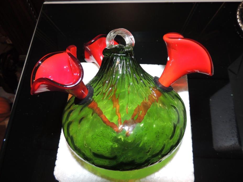 HUMMING BIRD FEEDER HAND BLOWN GLASS GREEN AND RED