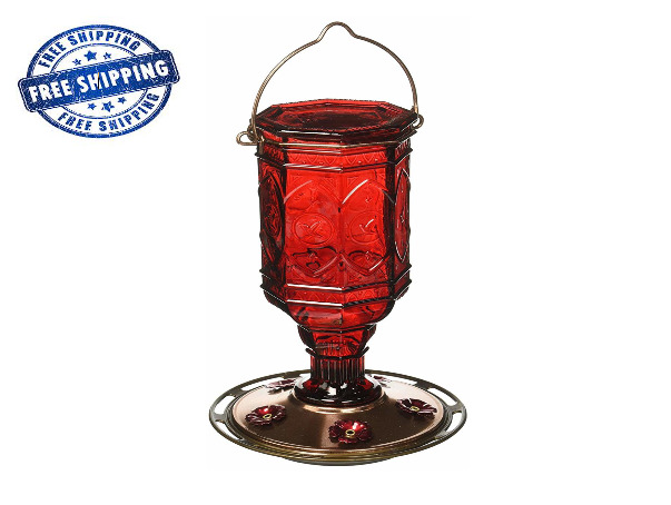 Glass Bottle Hummingbird Feeder Vintage Red Antique Nectar Feeder Holds 23 Ounce