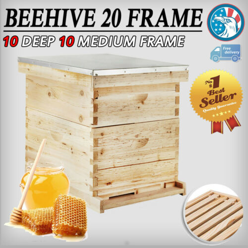 Honey Keeper Beehive 20 Frame Complete Box Kit 10 Deep 10 Medium w/ Metal roof