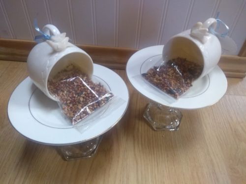 Handmade Teacup Glass Bird Feeders set of 2 Garden Decor