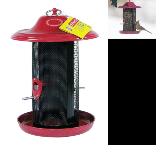 Red Rock Twin Chamber Bird Feeder W Metal Roof RED 2.4 Lb Seed Capacity