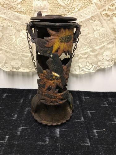 Vintage Cast Iron Bird Feeder, Rare, Original Chain, Old Piece, Colorful