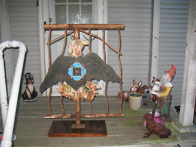 Welded Cast Iron & Steel Folk Art American Eagle On Stand Flag Pole Holder Stand