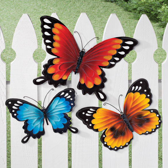 Set of 3 Whimsy Colorful Metal Butterflies Outdoor Garden Fence Wall Decor