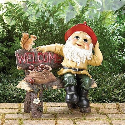 Garden Gnome Greeting Sign Welcome Statue Decor Bench Outdoor Figurine Yard Lawn