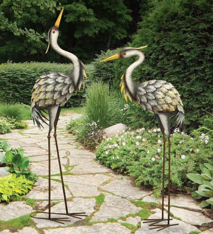 Grey Heron Pair Metal Garden Statues Bird Sculpture Crane Egret Gray 42