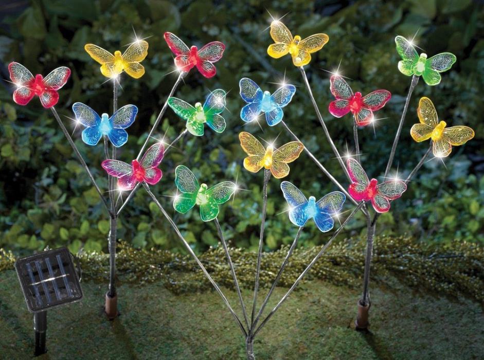 Set of 3 Solar Powered Multi-Colored LED Butterfly Garden Stakes