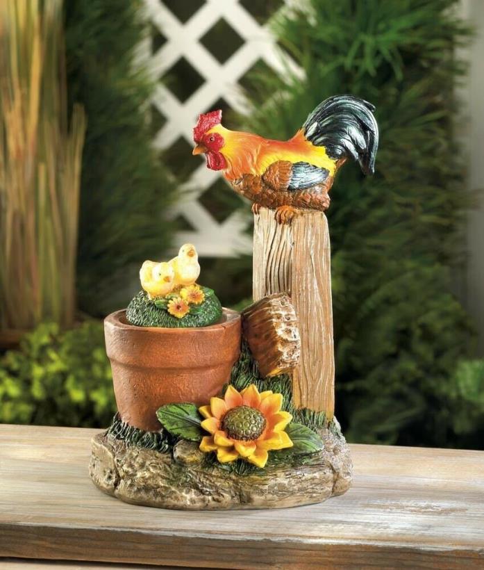 Rooster on Fence Watches 2 Solar Chicks Rotating Terre Cotta Pot Garden Figurine
