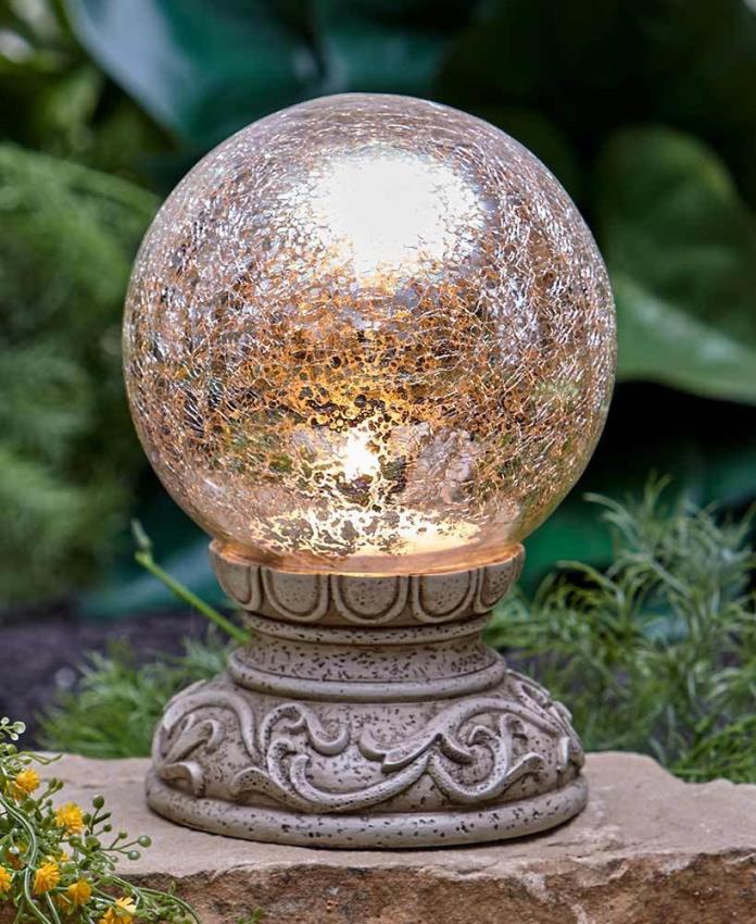 Solar Lighted White Crackled Glass Garden Gazing Ball On Pedestal