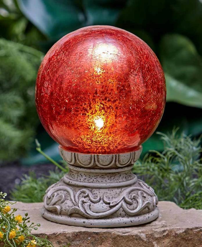 Solar Powered Lighted Red Crackled Glass Garden Gazing Ball On Pedestal
