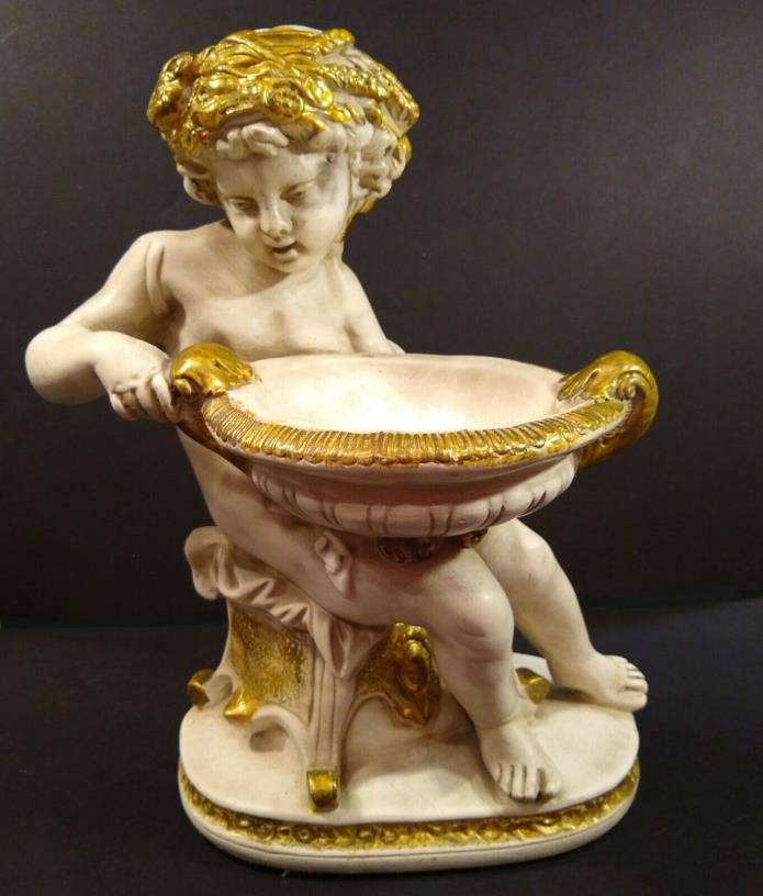 Classic garden statue. Cherub with birdseed urn. Plaster with gold accents. 12
