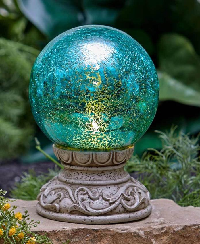 Solar Lighted Turquoise Crackled Glass Garden Gazing Ball On Pedestal