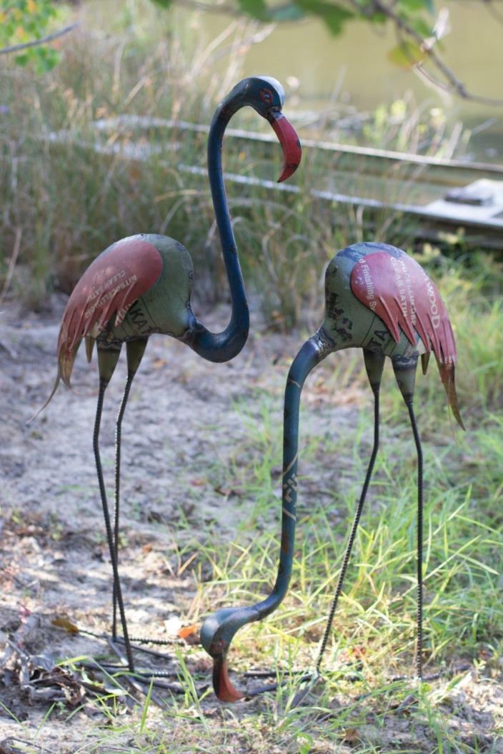 Flamingo Statues Metal Recycled Outdoor Garden Decor Set of 2