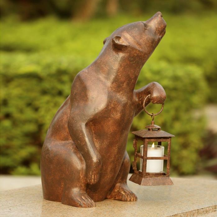 Aluminum Bear with Lantern light Statue Mahogany Finish 12.5W x 9D x 17.5H in