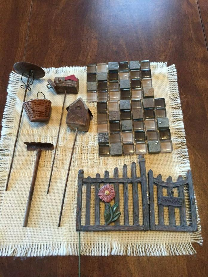 Fairy Garden lot Rust vintage look tools Gate Patio flooring LOT.