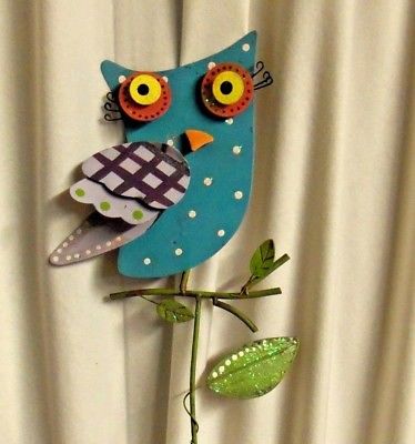 Owl Metal Garden Stake teal with purple wings NEW whimsical garden decor