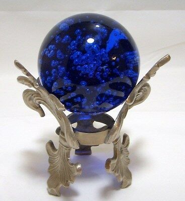 Fluer De Lis Garden Sphere Pewter Stand Blue Glass Ball