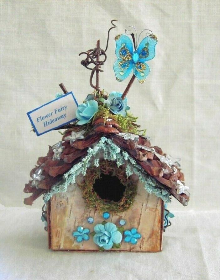 Fairy Garden Mini FLOWER FAIRY HIDEAWAY Moss & AQUA ROSES Miniature Doll House