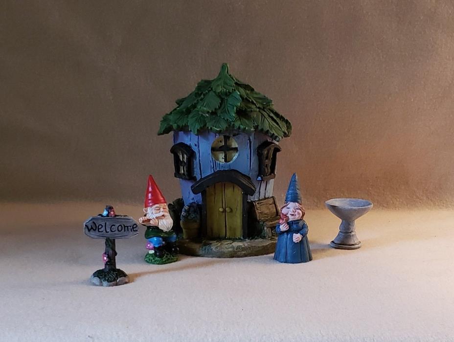 Gnome House with 2 Figurines, Welcome Sign and Birdbath