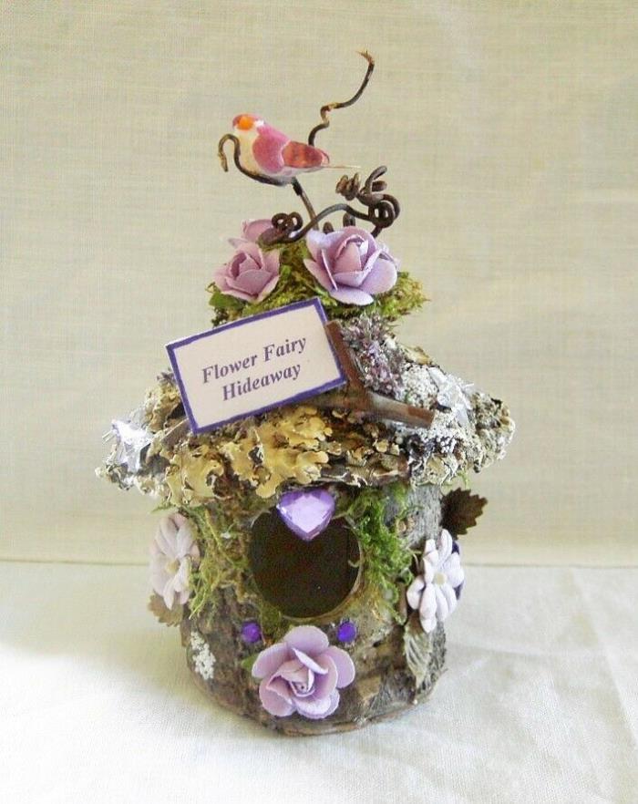 Fairy Garden Mini FLOWER FAIRY HIDEAWAY Moss LAVENDER ROSES Miniature DollHouse
