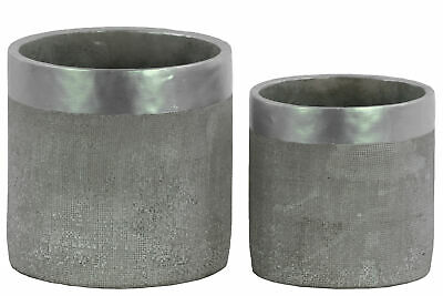 Cement Round Flower Pot with Silver Painted Banded Rim Top Set of Two Concret...