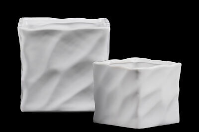 Ceramic Square Pot with Embossed Wave Design Body and Lips Set of Two SM Matt...